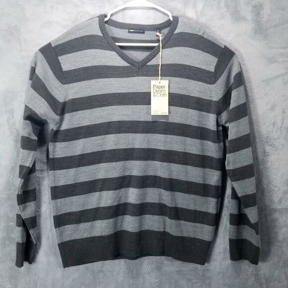 Paper Denim Cloth Black & Gray Striped V Neck Shirt Sweater Mens Sz L Pullover - Picture 1 of 10